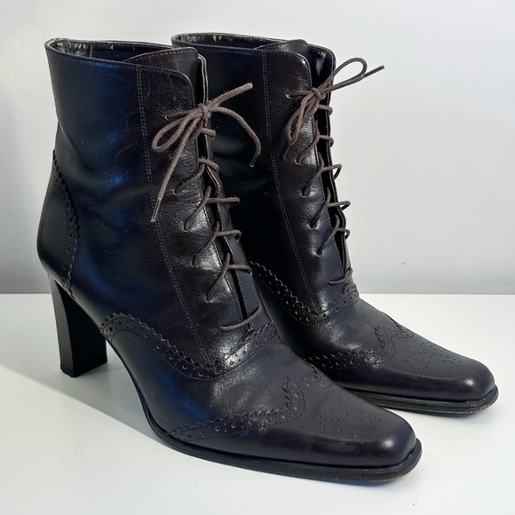Vintage Ann Taylor Victorian Style Lace Up Pointed Toe Dark Brown Leather Boots - Picture 1 of 8